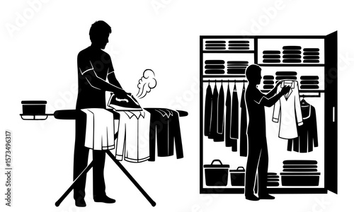 Home chore graphic showing a person ironing clothes and another organizing clothes in a closet for daily routine