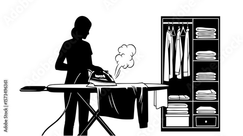 Housewife is pressing clothes with electric iron at home near wardrobe and clothes on hangers, monochrome