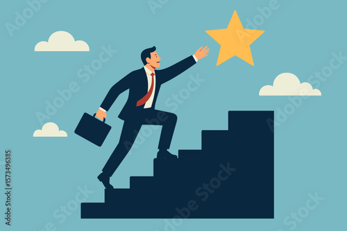 Ambitious businessman climbing stairs reaching star. Success, achievement, business goal, motivation, reward, career growth, leadership, aspiration, opportunity, determination