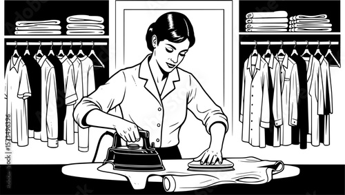 Woman irons clothes near a closet full of attire, creating a domestic scene in a black and white illustration.