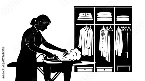 Woman silhouette diligently ironing clothes on an ironing board with a wardrobe in the background, creating a simple graphic