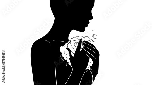 Silhouette of a person washing with foam for body care and personal hygiene, presenting a clean and refreshing gesture.