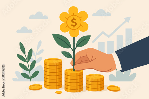 Investment growth, financial prosperity, saving money, wealth increase, mutual funds, profit opportunity, investor hand nurturing money plant, business finance success concept