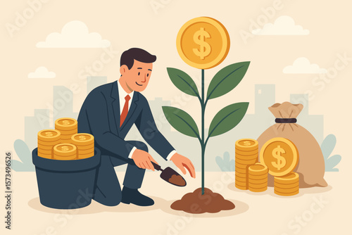 Businessman investor planting money tree, investing in growth stocks, growing pension fund, saving and making profit from retirement fund, wealth and investment asset concept