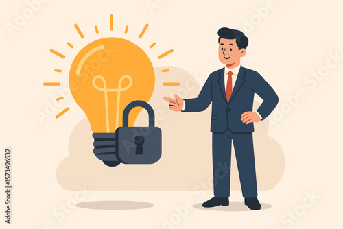 Intellectual property protection, patent, copyright, trademark, business owner with locked light bulb idea, innovation security, no copying, exclusive rights concept