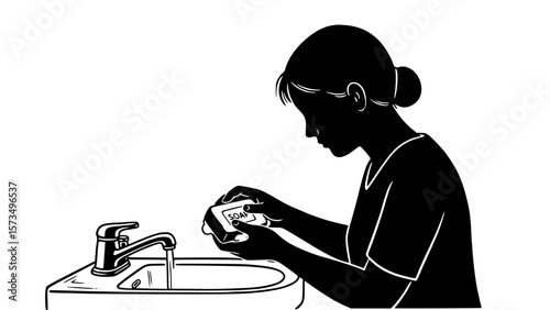 Silhouette of a woman washing hands at the sink promotes hygiene and cleanliness to prevent illness