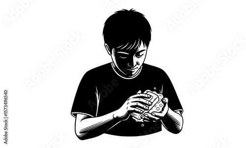 Boy holds a mysterious object in his hands, black and white illustration conveys a sense of wonder and focus.