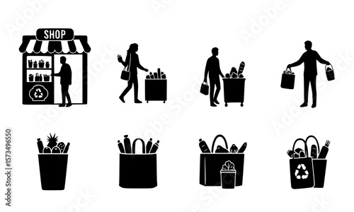 Black silhouette vector icons showcase various shopping scenarios from store visits to grocery bag transport.
