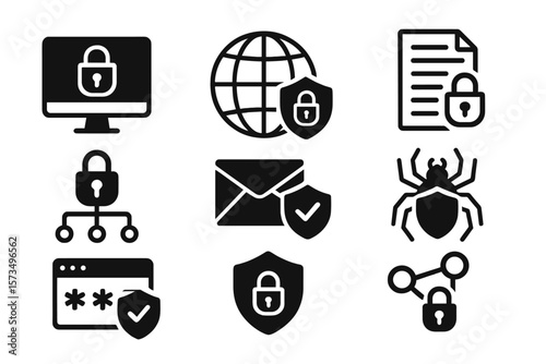 Cyber security icon set. Data and network protection symbols for app, UI, website. Computer technology defense, internet privacy, and digital safety vector illustrations.