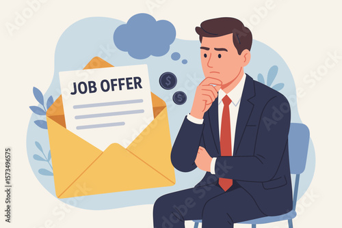 Businessman Considering Job Offer Letter, Promotion Opportunity, New Position, Higher Salary, Employment Recruitment, Human Resources, Career Decision, Corporate Hiring Concept