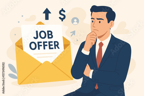 Job offer opportunity promotion new position higher salary employment recruitment human resources concept businessman candidate thinking decision career advancement success