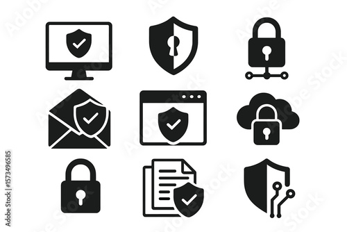Cyber security icon set. Data and network protection symbols for app, ui, website. Computer technology protection, internet safety, secure cloud access, privacy vector icons.