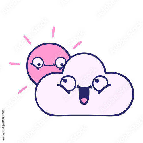 cute cartoon of a sunshine and cloud in bright neon color
