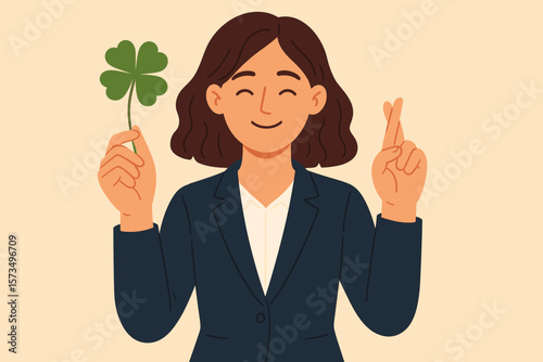 Lucky businesswoman holding four-leaf clover and crossing fingers for success, fortune, opportunity, career blessing, good luck, happiness, positive mindset, hope, achievement