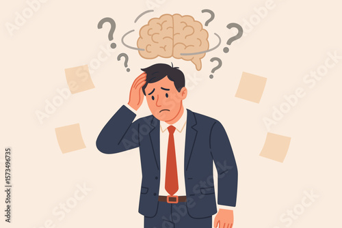 Confused businessman with memory loss, cognitive impairment, dementia, forgetfulness, mental confusion, brain fog, trouble remembering tasks, concept of cognitive disorder at work