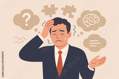 Memory loss, confusion, forgetfulness, dementia, cognitive decline, brain disorder, mental health problem, puzzled businessman, trouble remembering, confusion concept illustration