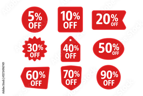 Sale discount sticker collection. Red product tag set. Special offer shopping labels and badges with 5 to 90 percent off. Vector price symbols for retail promotion.