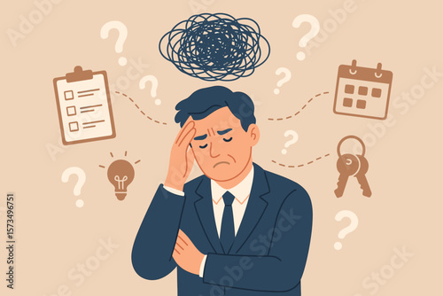 Memory loss, forgetfulness, cognitive decline, dementia, confusion, mental overload, businessman struggling to remember tasks, deadlines, appointments, keys, checklist, brain disorder