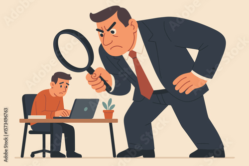 Micromanaging boss supervising employee with magnifying glass, toxic manager excessive control, workplace stress, detailed monitoring, micromanager office surveillance concept