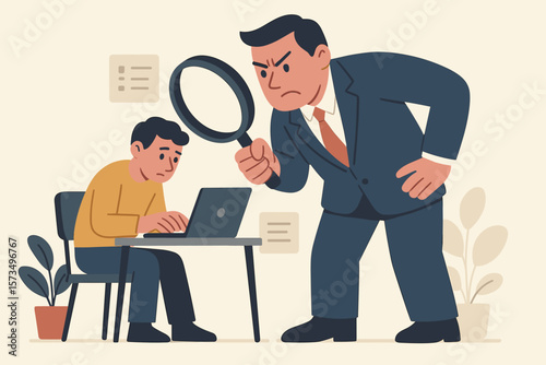 Micromanaging boss supervising employee with magnifying glass, toxic manager controlling work, excessive supervision, workplace stress, micromanager oversight, office authority