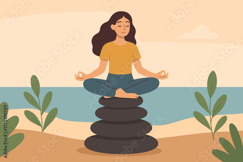 Mindfulness Meditation, Work-Life Balance, Mental Health Healing, Relaxing Yoga, Peaceful Woman Meditating on Beach, Calm, Solitude, Freedom, Wellness, Nature, Zen, Tranquility