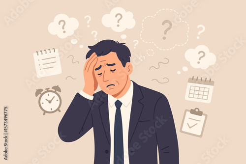 Confused businessman suffering memory loss, forgetfulness, cognitive decline, dementia symptoms, mental confusion, stress, time management problems, overwhelmed at work