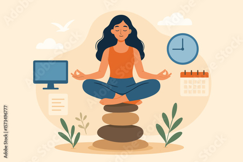 Mindfulness meditation for work life balance, mental health healing, stress relief, relaxing yoga, freedom, peace, solitude, calm woman meditating on stones, wellness concept