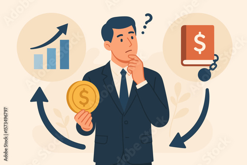 Businessman investor holding gold coin making financial decision, choosing between paying off debt or investing for profit, financial growth chart, money management concept
