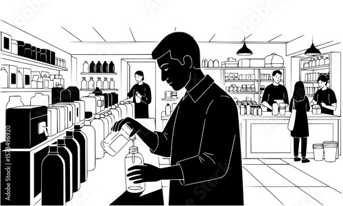 Illustration of a person filling a bottle in a store with other people and shelves, showcasing business and retail.