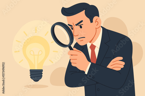 Perfectionist businessman analyzing details with magnifying glass, focus on high standards, attention to detail, perfection, goal achievement, concept of perfect results