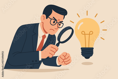 Perfectionist businessman scrutinizing idea with magnifying glass. Attention to detail, high standards, focus on perfect results, critical thinking, quality control concept