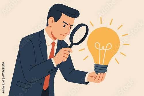 Perfectionist businessman analyzing idea with magnifying glass. Attention to detail, high standards, focus on perfect results, quality control, meticulous evaluation concept