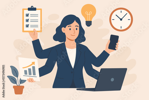 Multitasking businesswoman productivity concept. Efficient employee performance, work accomplishment, time management, skillful professional success, office tasks, workflow, growth