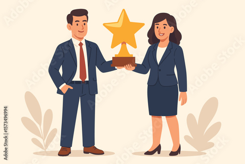 Businessman and businesswoman in suits holding golden star trophy. Office employee award ceremony. Professional achievement, recognition, best team, success, workplace excellence concept.