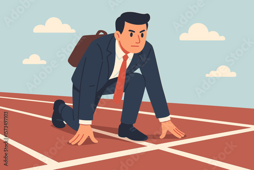 Confident businessman in suit with briefcase ready at starting line, career race, business competition, motivation, new job, preparation, ambition, professional success concept