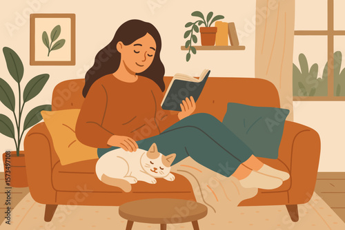 Cozy home relaxation, young woman reading book on sofa with sleeping cat, peaceful lifestyle, positive emotions, stress relief, calm atmosphere, indoor comfort concept