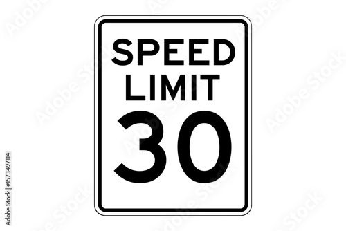 Speed Limit 30 Road Sign. Traffic Regulation Symbol. Urban Driving Safety. Black and White Regulatory Signage. Printable Vector Illustration. Transportation Law. Street Safety Warning.