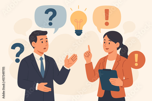 Business discussion, FAQ and problem solving concept. Businessman and businesswoman with question mark, exclamation mark, light bulb. Solution, support, communication, teamwork