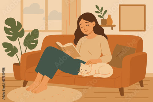 Cozy home relaxation scene with young woman reading book on sofa, peaceful cat companion, calm atmosphere, comfortable lifestyle, stress relief, wellbeing, positive emotion, self-care