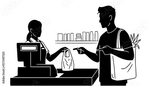 Customer buys groceries at a checkout counter, receiving a bag from the cashier, showcasing a retail transaction.