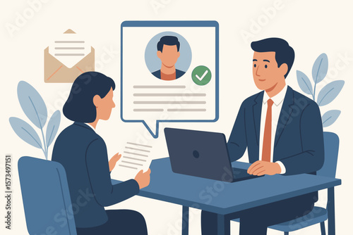 HR interview process, candidate resume review, talent validation, recruitment, employment selection, human resources staff evaluating job applicant, business hiring concept