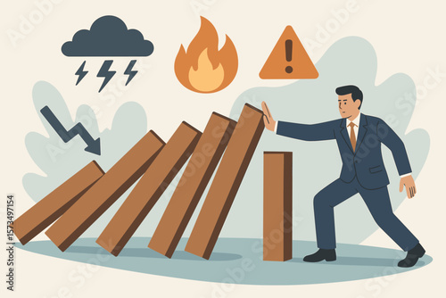 Risk management, business crisis prevention, danger control, loss and damage mitigation, investment strategy, assessment, businessman stopping domino effect, disaster warning