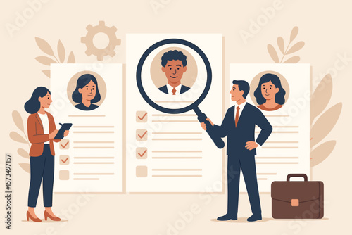 Recruitment hiring process concept. HR professionals selecting candidate for job vacancy. Human resources team analyzing resumes, evaluating applicants, magnifying glass, business interview