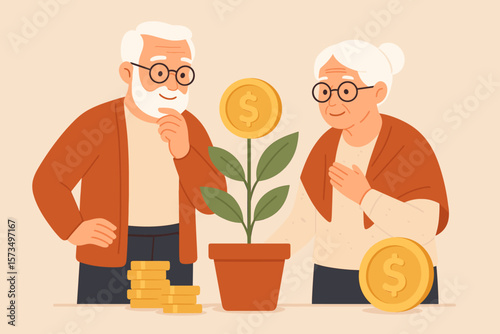 Senior couple financial planning, retirement savings growth, pension fund investment, 401k wealth management, elderly money management, profit, earning, gold coin plant