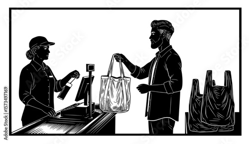 Illustration of a cashier assisting a customer with a reusable bag at a grocery store checkout, promoting sustainable shopping.