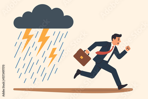 Businessman Running from Thunderstorm Cloud, Escaping Crisis, Disaster, Bankruptcy, Work Stress, Anxiety, Overwork, Danger, Failure, Misfortune, Risk Concept Illustration
