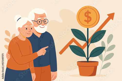 Senior couple financial planning, retirement pension fund, 401k savings, investment profit, wealth management, growing money, elderly income, secure future concept