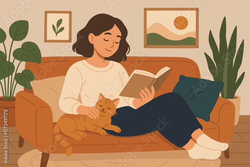 Cozy home relaxation scene, young woman reading book on sofa with cat, peaceful living room, comfort, calm, wellbeing, stress relief, positive emotion, hygge lifestyle, self care