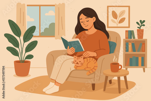 Cozy home relaxation scene. Young woman reading book in armchair with cat on lap, hot drink on table, indoor plants, bookshelf. Calm, peaceful, comfortable lifestyle, stress relief