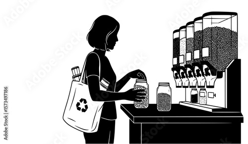 Woman fills jars at a bulk food dispenser, embracing sustainable practices and plastic-free shopping for a zero waste lifestyle.